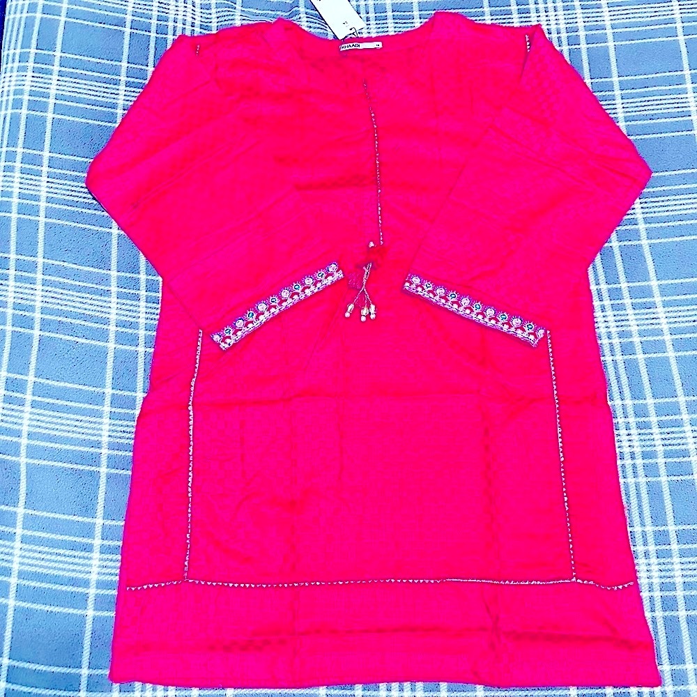 Khaadi Drop Shoulder Kurta 100 % Cotton Self-Print Embroidered Pink/Gold Size 14